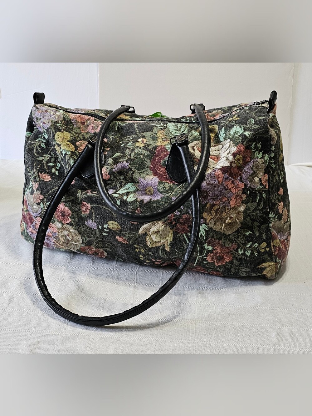 Vintage Avon Floral Tapestry Weekender Tote Bag Black Handles
